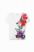 Geribbeld T-shirt met bloemen - WHITE - XL