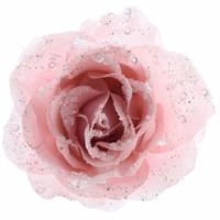 Kerst decoratie roos - 3x - op clip - poeder roze - D14 cm - kunststof - kerstbloem - bloemen