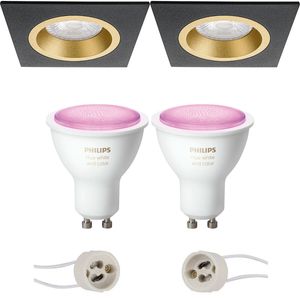 Pragmi Rodos Pro - Inbouw Vierkant - Mat Zwart/Goud - 93mm - Philips Hue - LED Spot Set GU10 - White and Color Ambiance - Bluetooth