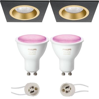 Pragmi Rodos Pro - Inbouw Vierkant - Mat Zwart/Goud - 93mm - Philips Hue - LED Spot Set GU10 - White and Color Ambiance - Bluetooth