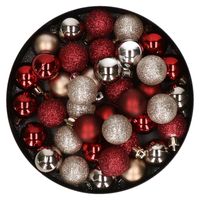 Kleine kunststof kerstversiering 40x stuks set en 3 cm kerstballen in het donkerrood en champagne - Kerstbal