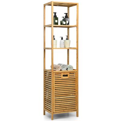 Bamboe Toren Wasmand Badkamer Hoge Kast met Bamboe Wasmand met Planken Ideaal 40 x 33 x 160 cm Natuurlijk