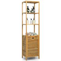 Bamboe Toren Wasmand Badkamer Hoge Kast met Bamboe Wasmand met Planken Ideaal 40 x 33 x 160 cm Natuurlijk