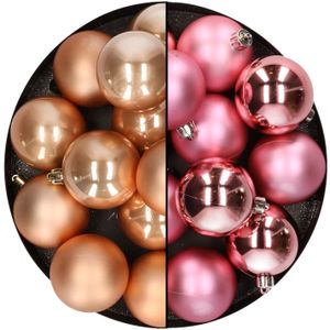 Kunststof kerstballen 6 cm - 24x stuks - lichtbruin en roze