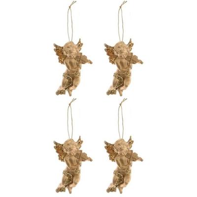 Decoris engel met viool - 4x - goud - kunststof - 10 x 6 cm - kerstversiering - hangdecoratie