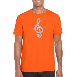 Zilveren muziek noot G-sleutel / muziek feest t-shirt / kleding oranje heren