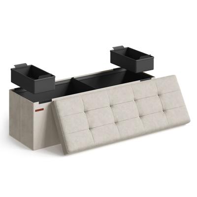 Bankje met opbergruimte van fluweel voor in de hal, Romig Wit / 38 x 110 x 38 cm