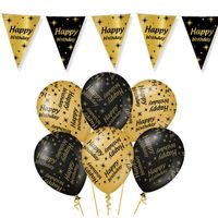 Leeftijd verjaardag feestartikelen pakket vlaggetjes/ballonnen Happy Birthday thema zwart/goud