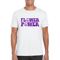 Wit Flower Power t-shirt peace tekens met paarse letters heren - thumbnail