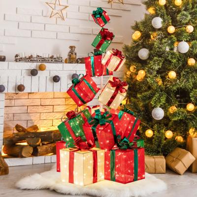 170 cm Voorverlichte Geschenkdozen 15 Verlichte Kerstdozen met Strik en 450 Lampjes Verlichte Kerstdecoratie met Knijpers Stapelbaar