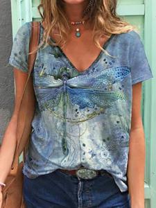 Casual Dragonfly Print Short Sleeve Loose Knit T-Shirt