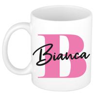 Naam mok Bianca - roze - wit - keramiek - 300 ml - verjaardag/cadeau beker