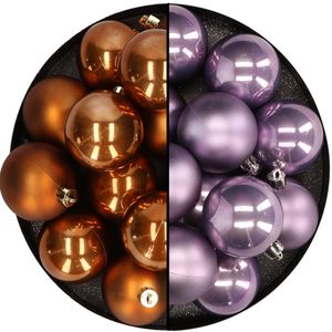 Kunststof kerstballen 6 cm - 24x stuks - bruin en lila paars - Kerstbal