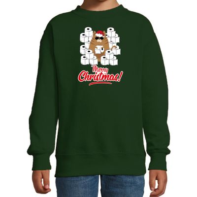 Foute Kerstsweater / outfit met hamsterende kat Merry Christmas groen voor kinderen