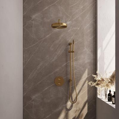 BRAUER Stripe Thermostatische Inbouw Regendouche - 3-weg - rond - SET 44 - 25cm douchekop - gebogen muurarm - staaf handdouche - doucheslang - geïntegreerde glijstang - goud geborsteld PVD 5-GG-451