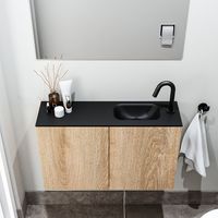 Zaro Polly toiletmeubel 80cm eiken met zwarte wastafel met kraangat rechts - thumbnail