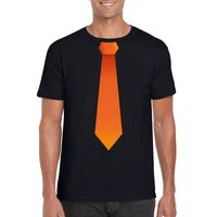 Zwart t-shirt met oranje stropdas heren - thumbnail