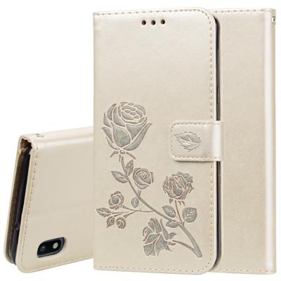 Rose reliëf horizontale Flip PU lederen case voor Galaxy A10 met houder & kaartsleuven & portemonnee (goud)