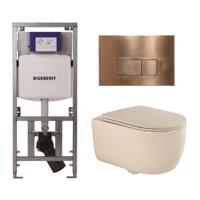 QeramiQ Dely Swirl Toiletset - 36.3x51.7cm - Geberit UP320 Burda inbouwreservoir - slim zitting - koperen bedieningsplaat - rechthoekige knoppen - beige 0701131/SW706197/SW1000770/SW1026259