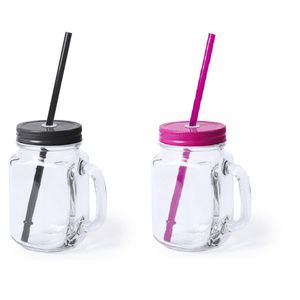 Set van 4x glazen drinkbekers dop/rietje 500 ml zwart/roze