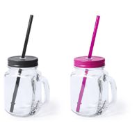 Set van 4x glazen drinkbekers dop/rietje 500 ml zwart/roze - thumbnail