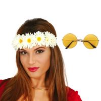 Flower Power verkleed accessoires dames - Bloemen hoofdband - Hippie bril ronde glazen in het rood