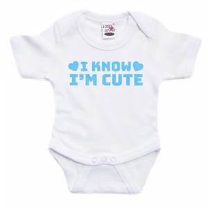Bellatio Decorations Baby rompertje - i know i'm cute - blauw - glitter - kraam cadeau 92 (18-24 maanden)  -