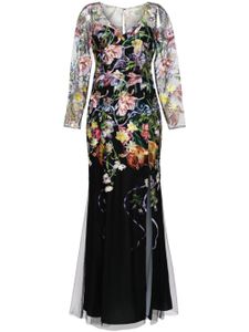 Marchesa Notte robe longue à fleurs brodées - Noir