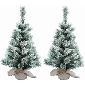 2x Stuks mini kerstboom met sneeuw 35 cm in jute zak - Kunstkerstboom