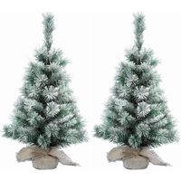 2x Stuks mini kerstboom met sneeuw 35 cm in jute zak - Kunstkerstboom - thumbnail