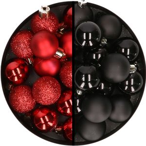 36x stuks kunststof kerstballen rood en zwart 3 en 4 cm