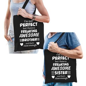 Freaking Awesome Brother en Sister tasje zwart - Cadeau Broer en Zus   -