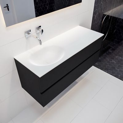 Mondiaz Vica Moon badmeubel zwart mat 120 cm 2 lades solid surface enkele spoelbak links zonder kraangat