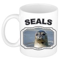 Dieren grijze zeehond beker - seals/ zeehonden mok wit 300 ml - thumbnail