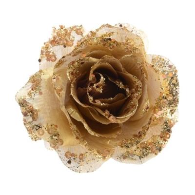 Decoratie roos - 3x - op clip - goud - 14 cm - kunststof - kerstbloemen - kerstboomversiering