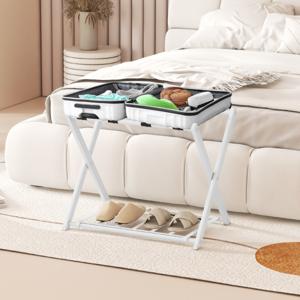 Opvouwbaar Bagagerek Bagagerek met 2 Niveaus Stevig Metalen Bagagerek Stevige Nylon Riemen voor Slaapkamer Kledingkast Wit/Zwart
