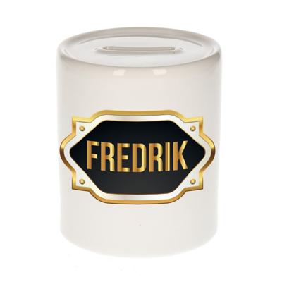 Spaarpot met voornaam Frederik - wit - goud/zwart embleem - 8 x 9 cm - keramiek - afsluitdop