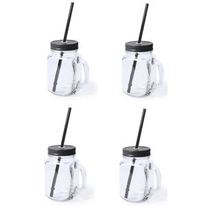 4x stuks glazen Mason Jar drinkbekers zwarte dop/rietje 500 ml