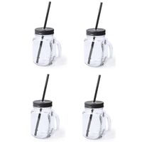 4x stuks glazen Mason Jar drinkbekers zwarte dop/rietje 500 ml