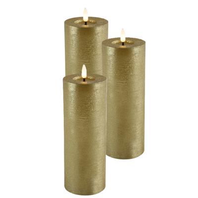 LED kaars/stompkaars - 3x - goud - D7,5 x H20 cm - timer - warm wit