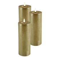 LED kaars/stompkaars - 3x - goud - D7,5 x H20 cm - timer - warm wit