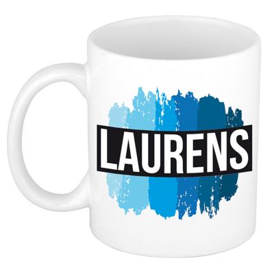 Laurens naam cadeau koffie mok - beker - met blauw verfstrepen - Cadeau collega - vaderdag