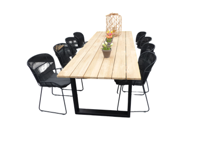 Set van Kaihou tafel 300x100x76 cm zwart/teak en 8 Faye stoelen lava incl. kussen - Yoi