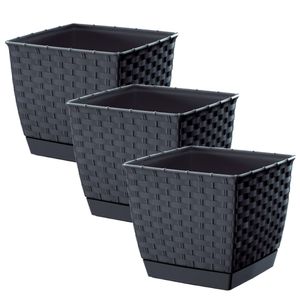 Set van 3x stuks plantenpotten/bloempotten rotan kunststof 14.5 cm en hoogte 12.5 cm antraciet grijs