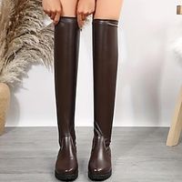 Dames Laarzen Biker laarzen Grote maten Buiten Dagelijks Effen Kleur Over de knie laarzen Winter Platte hak Ronde Teen Elegant Vintage Casual Imitatieleer Rits Zwart Wit Bruin Lightinthebox