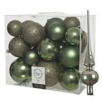 Set van 26x stuks kunststof kerstballen incl. glazen piek glans mosgroen - thumbnail