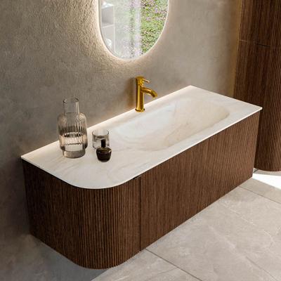 Badmeubel Mondiaz Kurve-Dlux | 115 cm | Meubelkleur Walnut | Wastafelkleur Ostra | Solid surface | Rechts spoelbak | 1 kraangat