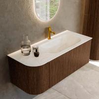 Badmeubel Mondiaz Kurve-Dlux | 115 cm | Meubelkleur Walnut | Wastafelkleur Ostra | Solid surface | Rechts spoelbak | 1 kraangat