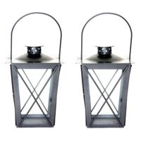 Fancy Flames Lantaarn - Set van 2x stuks - zilverkleurig - metaal - 20 x 12 cm
