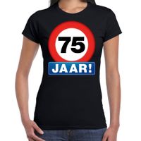 Stopbord 75 jaar verjaardag t-shirt zwart voor dames - thumbnail